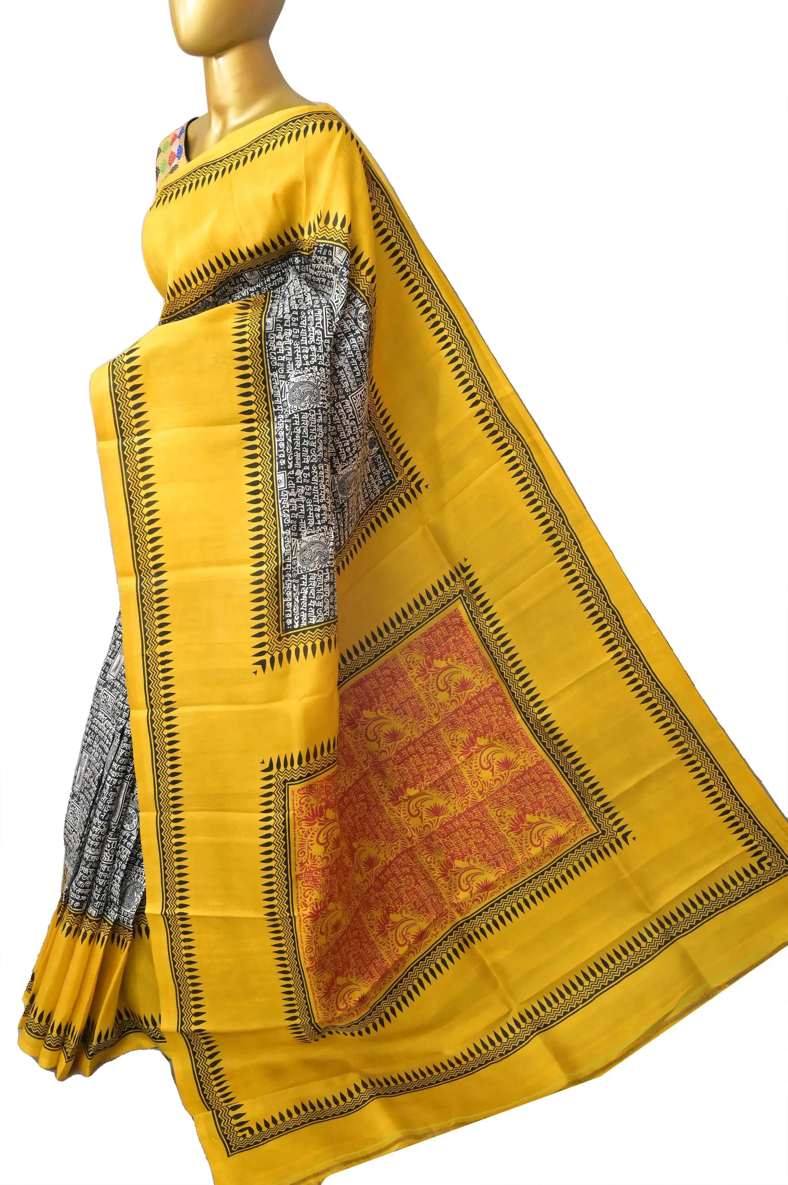 Yellow and Multicolor Bishnupur Silk Saree with Script Block Print