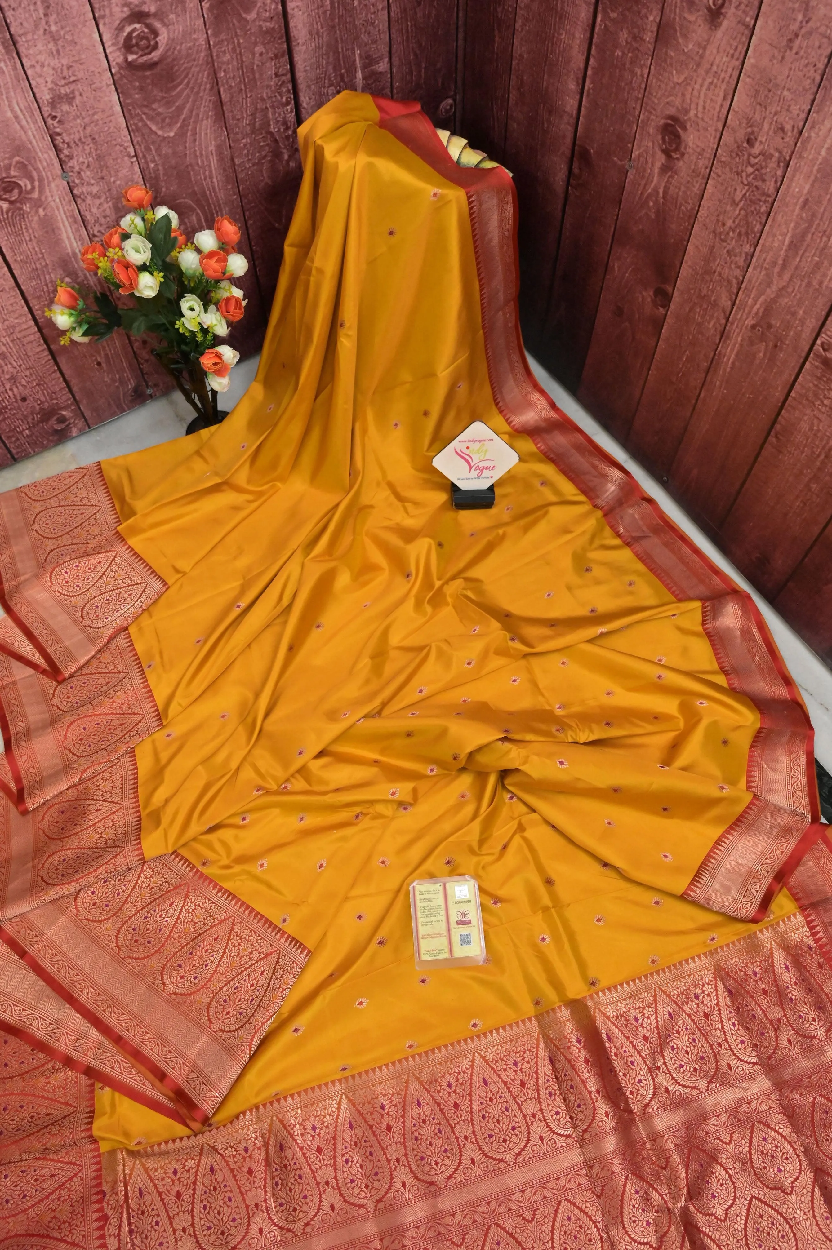 Yellow and Red Color Pure Katan Banarasi Saree with Meenakari Butta Work