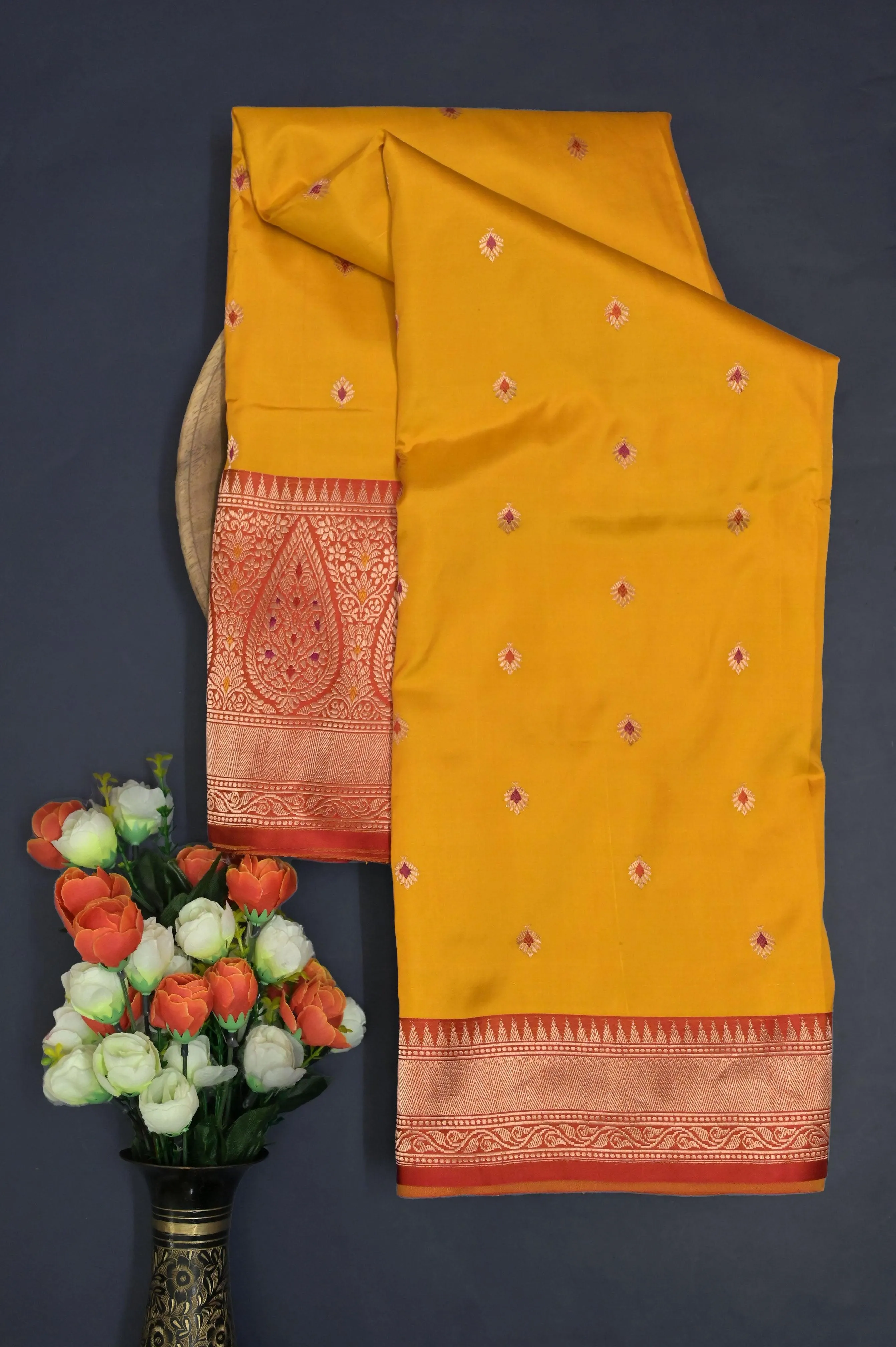 Yellow and Red Color Pure Katan Banarasi Saree with Meenakari Butta Work