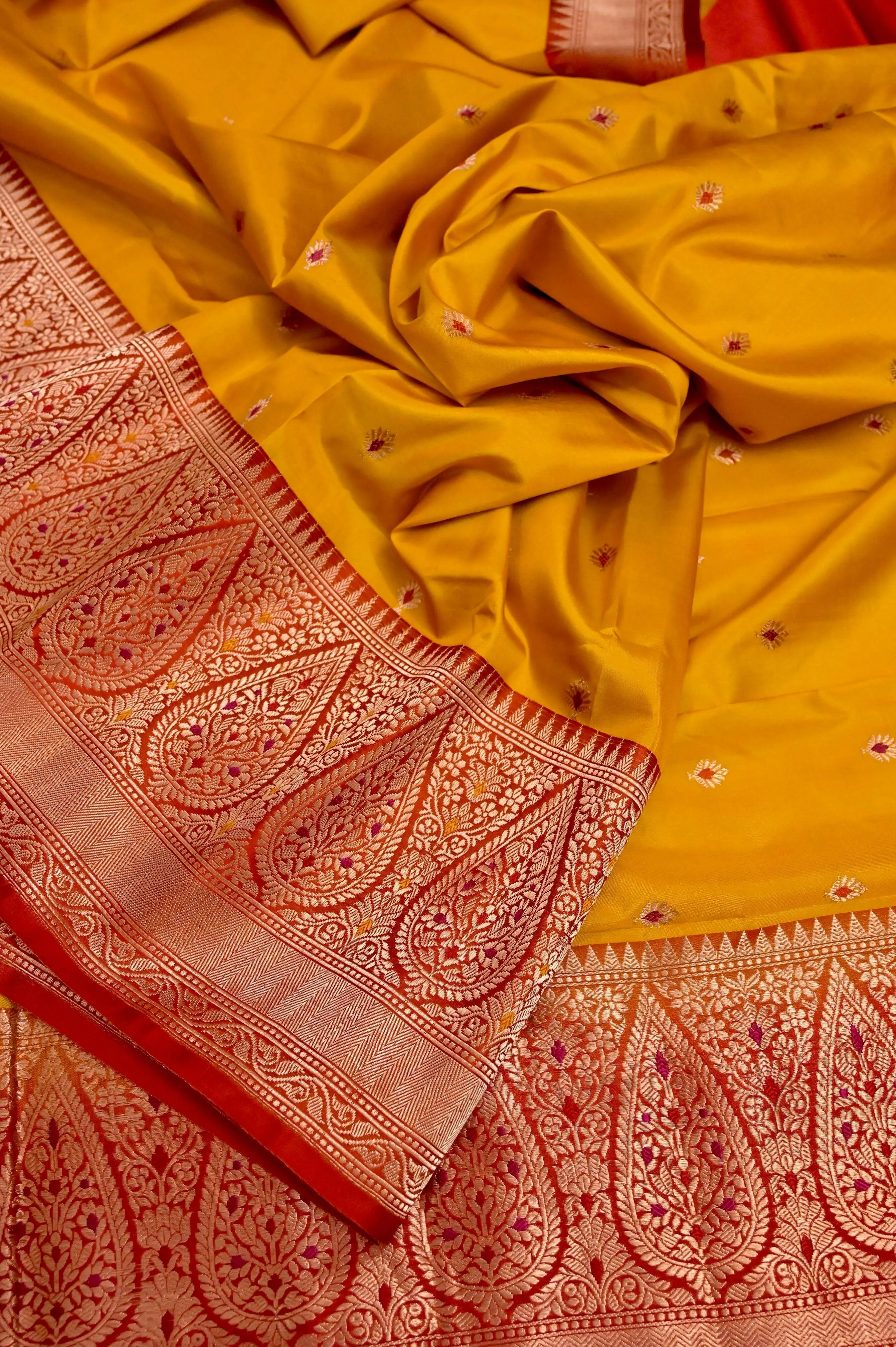 Yellow and Red Color Pure Katan Banarasi Saree with Meenakari Butta Work