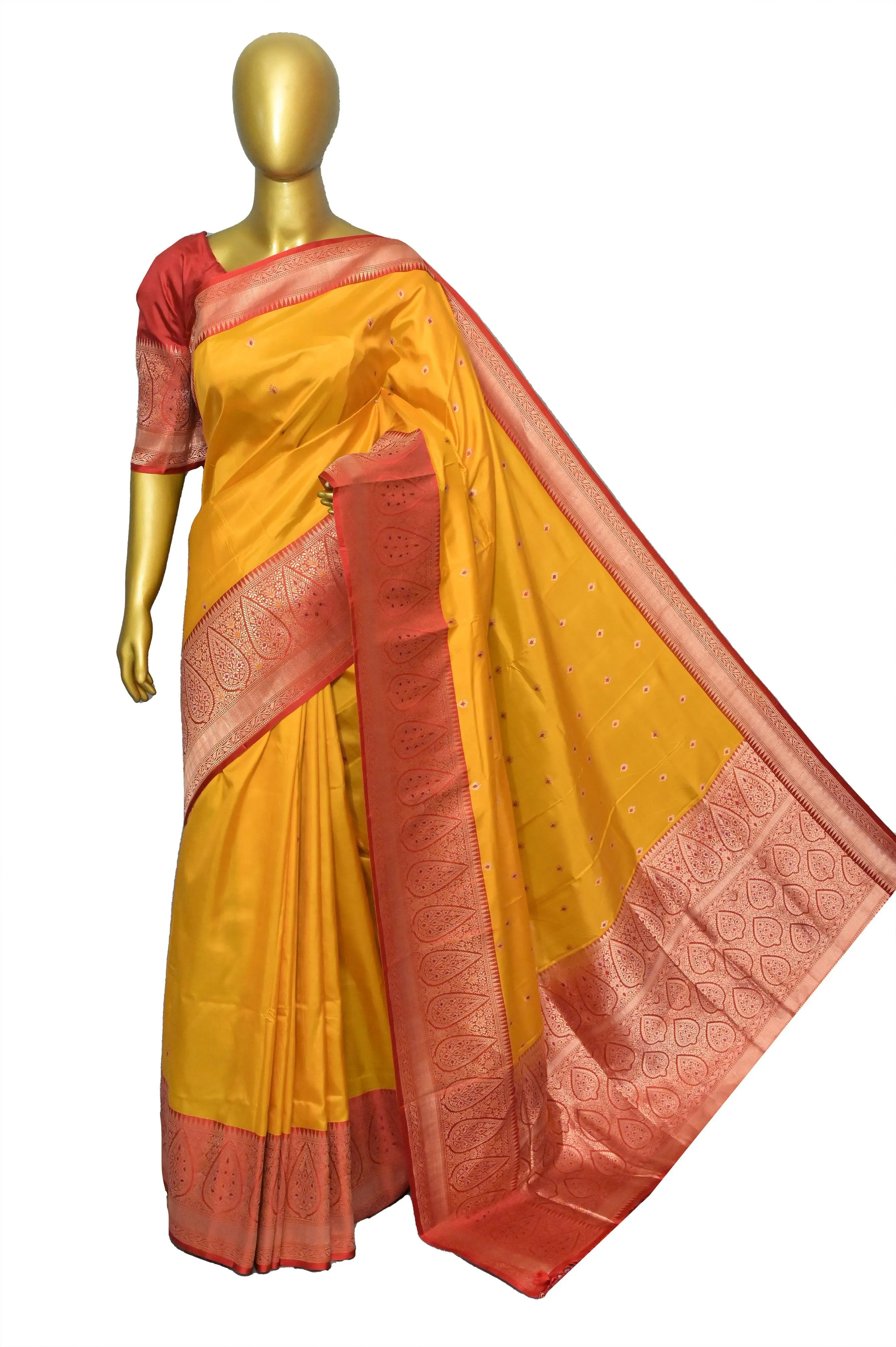 Yellow and Red Color Pure Katan Banarasi Saree with Meenakari Butta Work