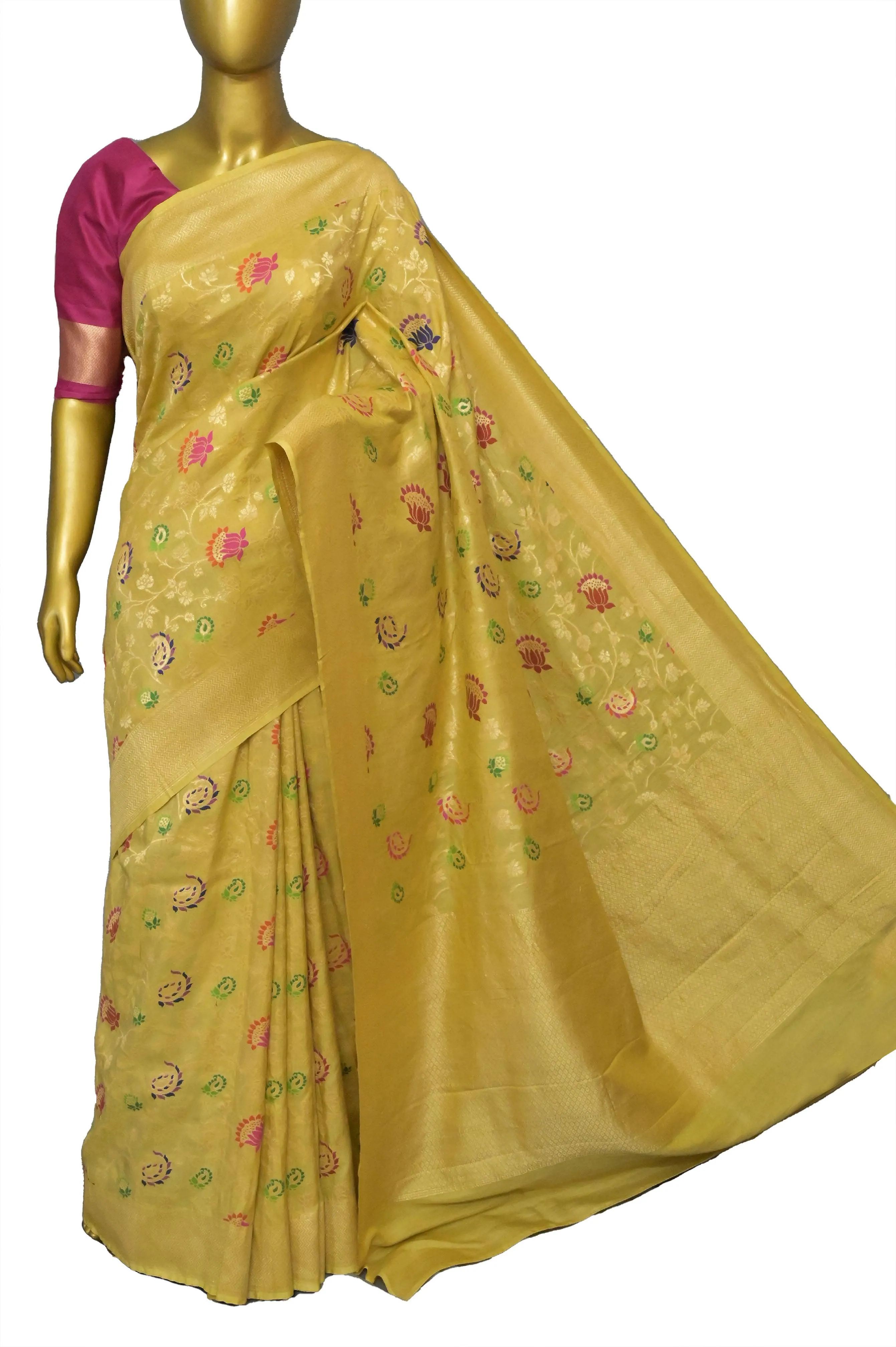 Yellow Color Pure Tussar Georgette Banarasi Saree with Meenakari Work