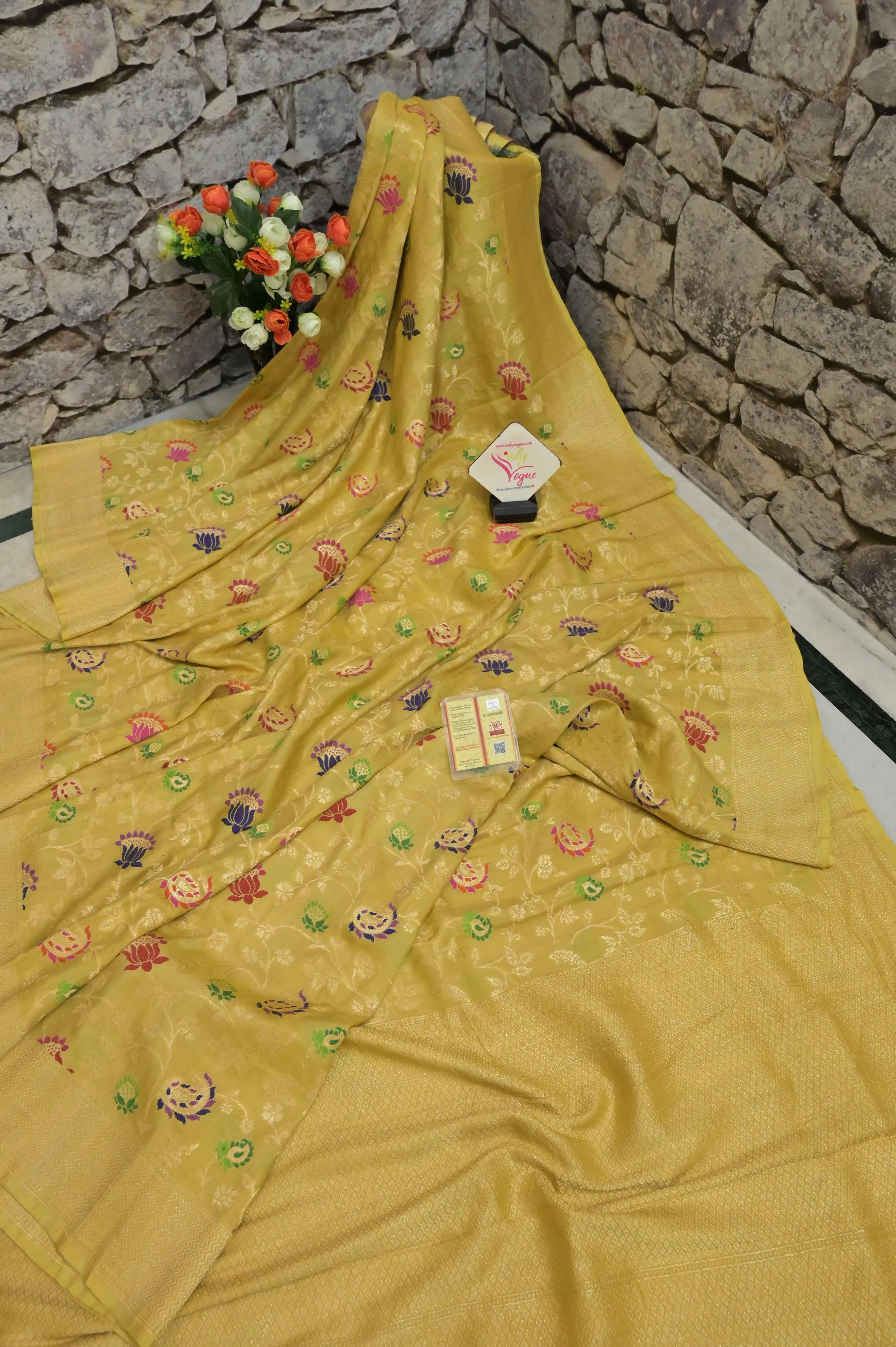 Yellow Color Pure Tussar Georgette Banarasi Saree with Meenakari Work