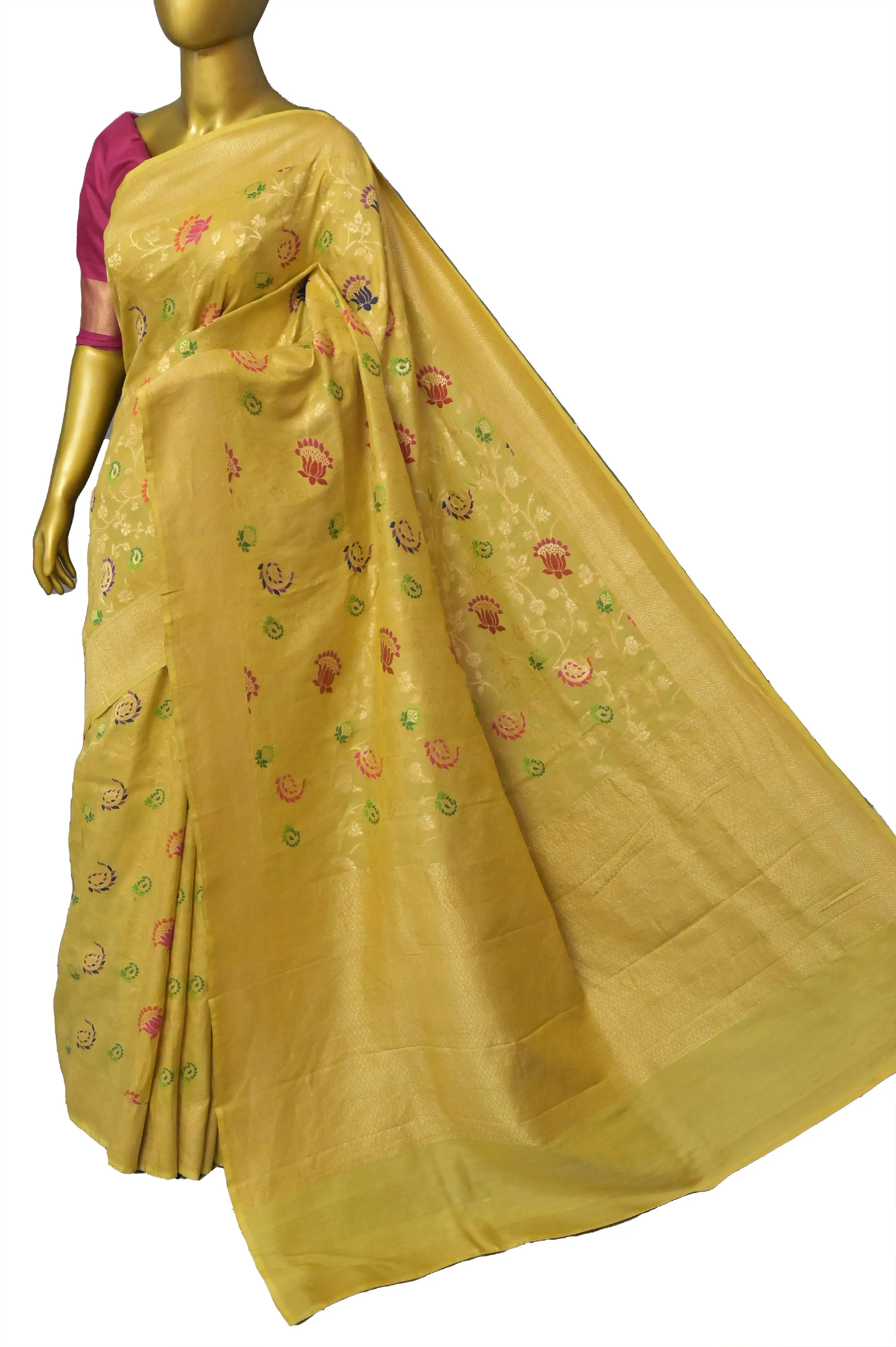 Yellow Color Pure Tussar Georgette Banarasi Saree with Meenakari Work