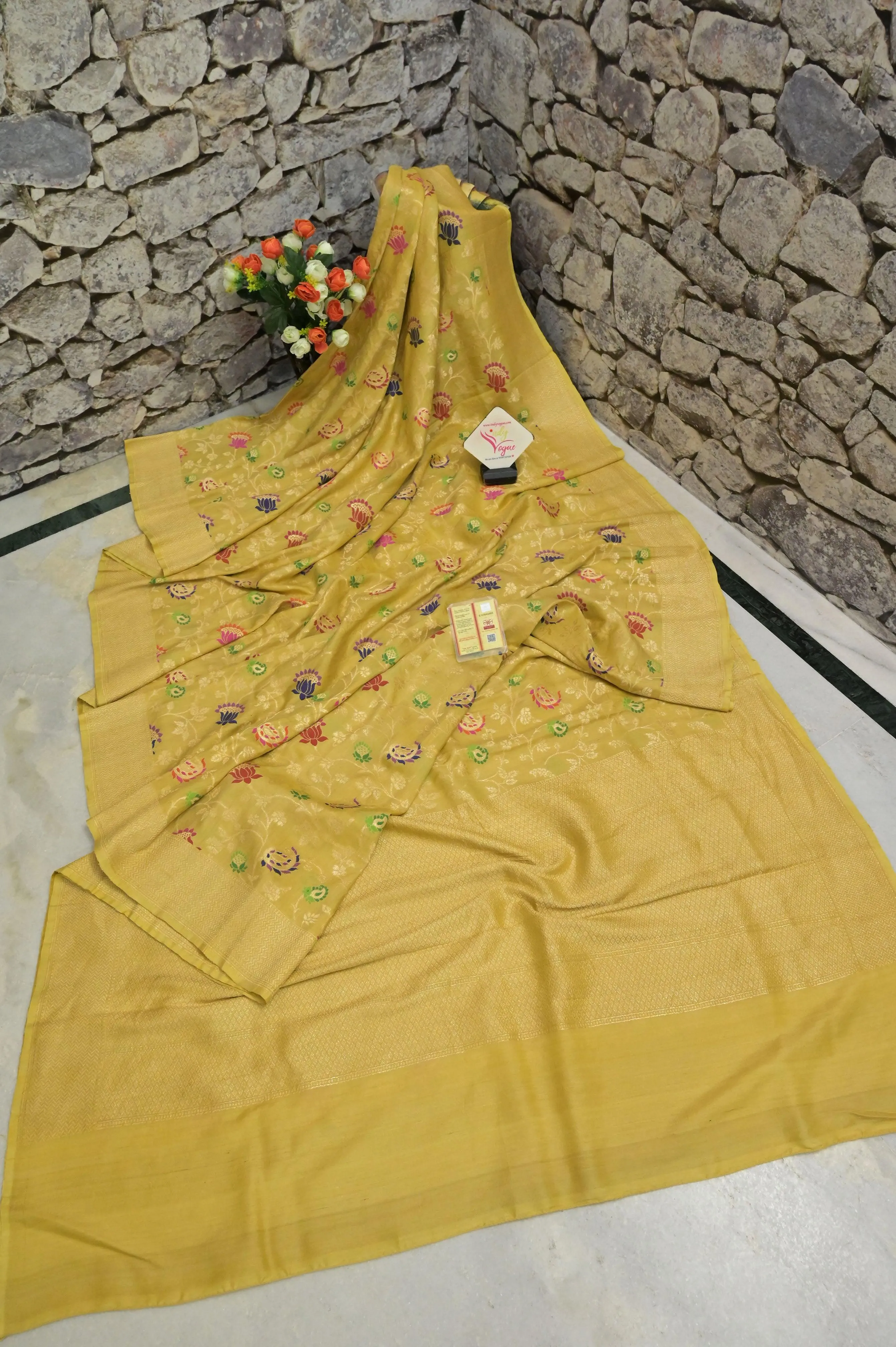 Yellow Color Pure Tussar Georgette Banarasi Saree with Meenakari Work